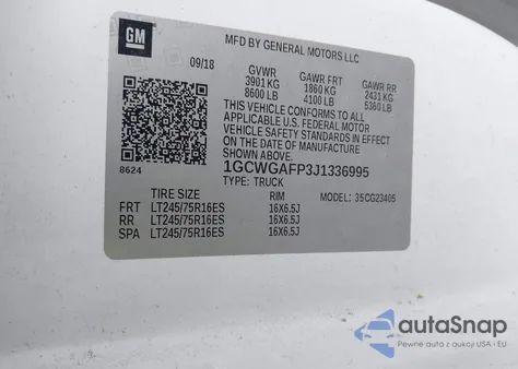 2018 Chevrolet Express 2500 Work Van z USA, uszkodzony, nr VIN 1GCWGAFP3J1336995